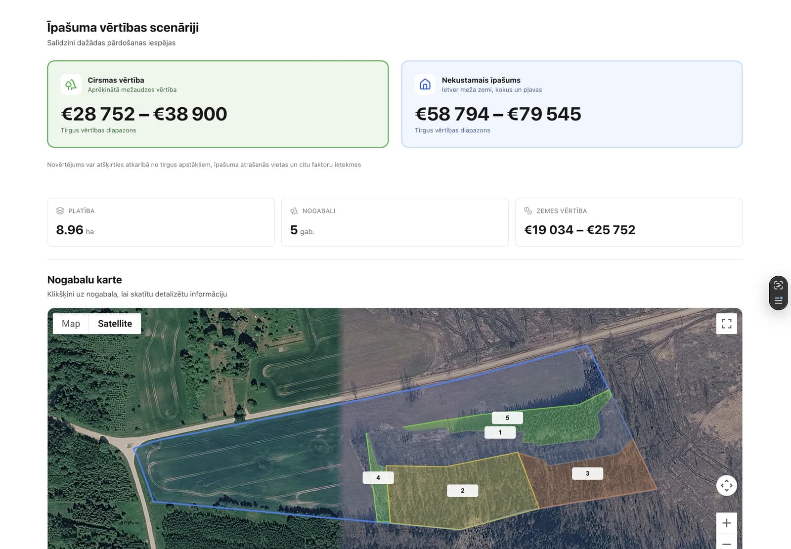 Land check result: value scenarios, plot count and a satellite map of the plots