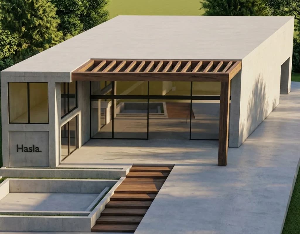 A pencil sketch of a concrete house with a timber pergola, and the photoreal render the tool made from it