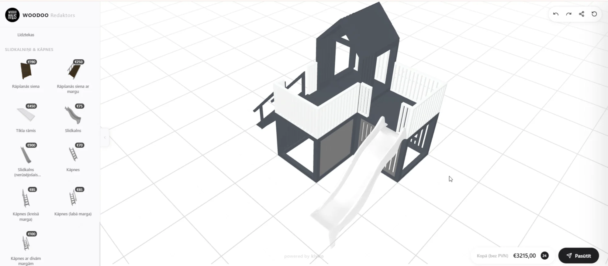 WoodooHaus configurator: a two-level playground with a slide and roof, priced at €3,215 from 24 parts