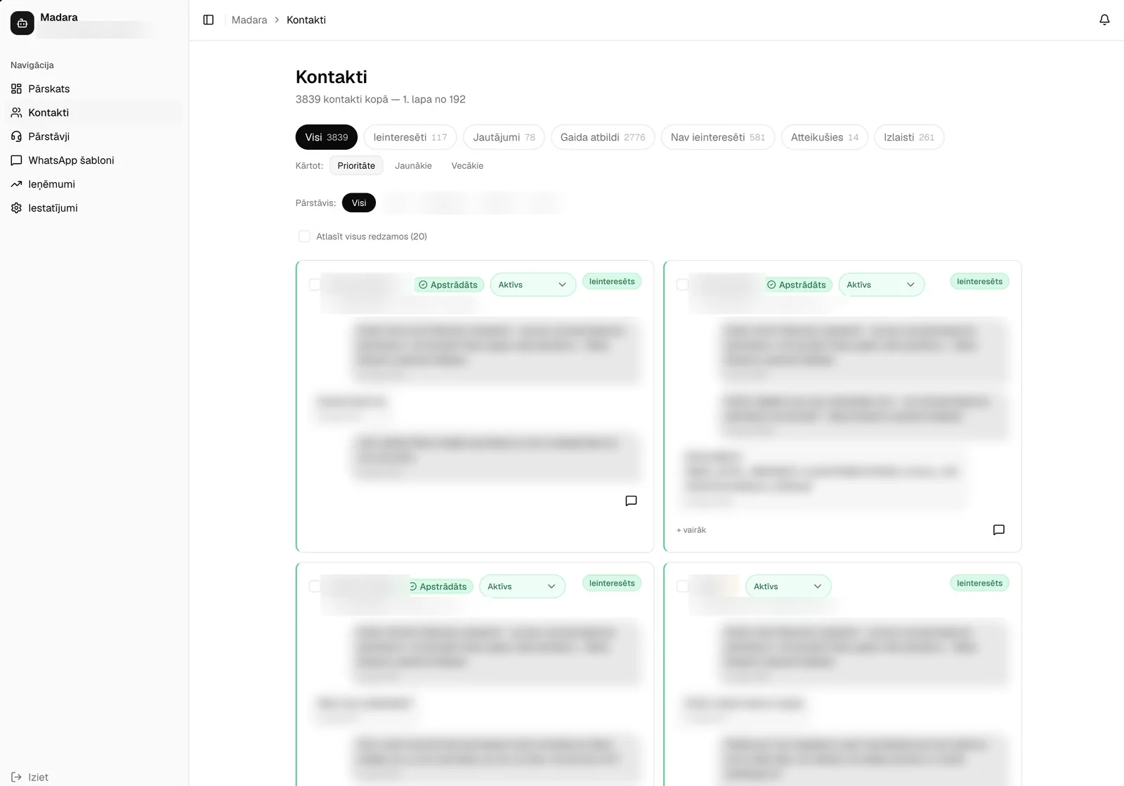 Madara contacts: accounts segmented by intent, with the message thread for each one